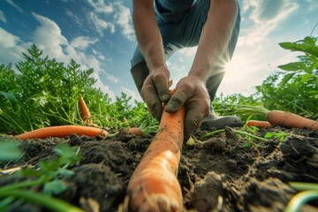 A farmer harvests organic carrots Freshly harvested carrots. Summer harvest Agriculture Seasonal job Farming Agro-industry Farming - obrazy, fototapety, plakaty