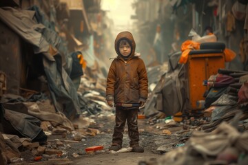 Fototapeta na wymiar Young Destitute Child Stands Amidst Cluttered Street, Clothed In Tattered Garments
