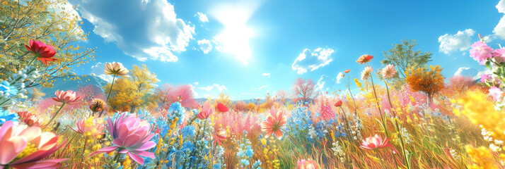 Fototapeta na wymiar beautiful meadow with colorful flowers in a field in blue sky landscape background