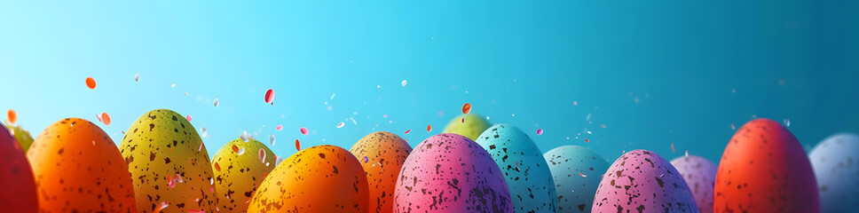 Pastel Easter Eggs Landscape: A Serene Display of Speckled Eggs on a Soft Gradient Blue Background