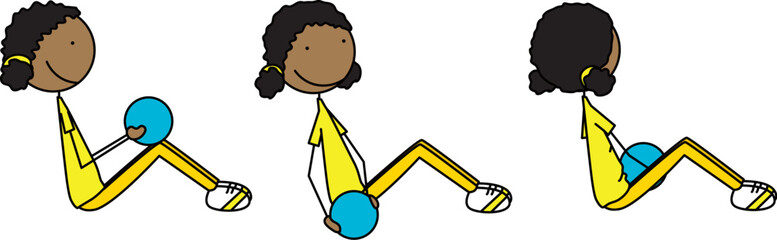 Cartoon vector illustration of a girl exercising - side twist with ball