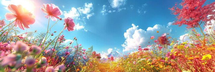 beautiful  meadow with colorful flowers in a field in blue sky landscape background