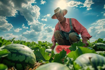 A farmer harvests organic watermelon Freshly harvested watermelon. Summer harvest Agriculture Seasonal job Farming Agro-industry Farming