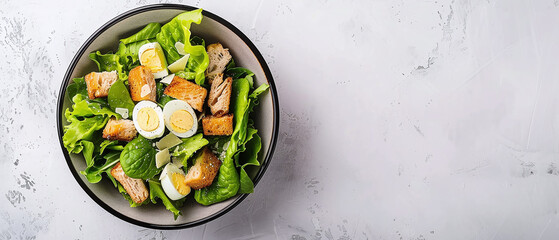 Caesar salad with chicken, egg croutons, Parmesan salad and dressing - obrazy, fototapety, plakaty