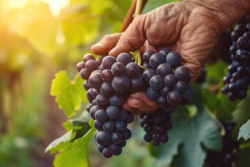 Fototapeta premium A farmer harvests organic purple grapes Freshly harvested grapes. Summer harvest Agriculture Seasonal job Farming Agro-industry Farming