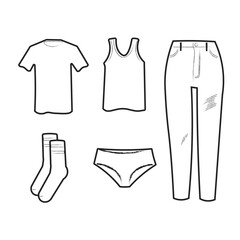 Bundle set of isolated ouline hand drawn outfit, t shirt, sock, pant, underwear