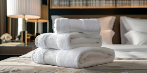 Fototapeta na wymiar Neatly Arranged Towels On Bedroom Table, Prepared For Comfort And Relaxation