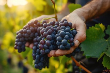 Fototapeta premium A farmer harvests organic purple grapes Freshly harvested grapes. Summer harvest Agriculture Seasonal job Farming Agro-industry Farming