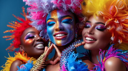Exuberant Carnival Dancers with Vibrant Feather Costumes. The faces of Three girls dancers celebrate in party with glittering makeup