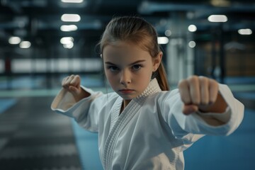 Focused Girl Showcasing Precise Taekwondo Moves During Intense Training Session
