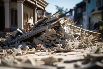 AI generated picture of scary ruined damaged city buildings after an explosion with no people there