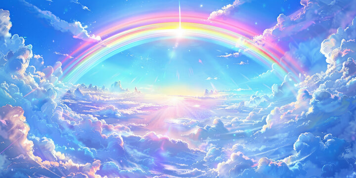 a rainbow is shown above a blue sky with clouds, anime style 