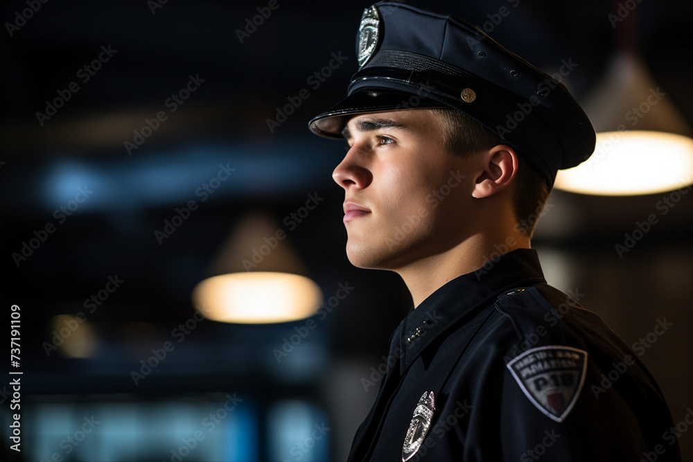 Wall mural Portrait of proud police officer in uniform against dark light background generative ai - Wall murals