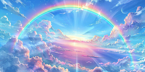 a rainbow is shown above a blue sky with clouds, anime style 