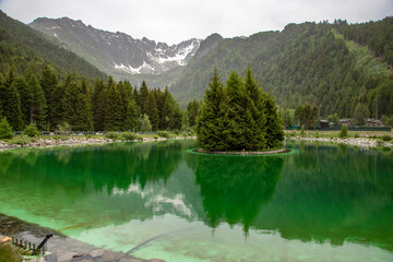 Fototapeta na wymiar Valbione Lake and Adamello Mountain near Ponte di Legno in Val Camonica - Italy