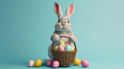 Easter bunny with basket of colorful eggs on blue background. 