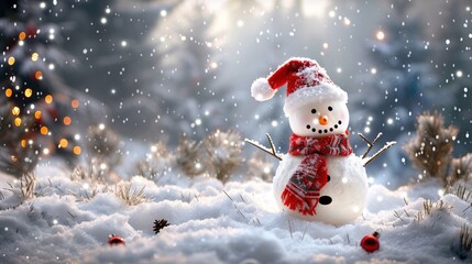 Happy snowman in winter secenery, Christmas card with funny snowman in winter scenery. Snowy background, genreative ai