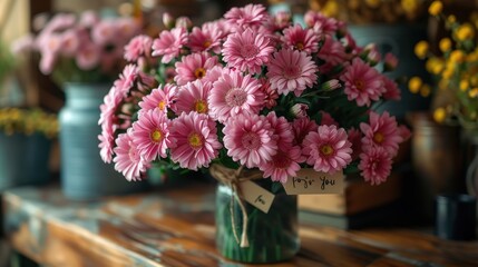  a bouquet of pink flowers on the table, a card with text "for You"