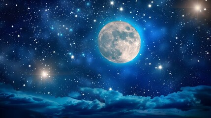 Fototapeta na wymiar Blue Moon. Super Full moon august. Moon bright. Stars. The background full of stars in the galaxy. 