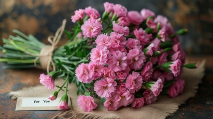  a bouquet of pink flowers on the table, a card with text "for You"