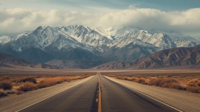 a road in the middle of a desert with a mountain range in the background and clouds in the sky above.