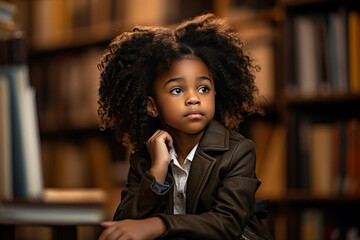 Generative AI photo of adorable cute little child in library with many books - Powered by Adobe