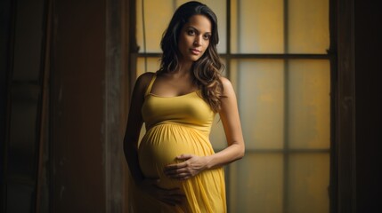 Pregnant woman in yellow dress touching her belly and looking at camera