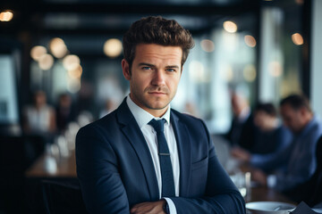 Fototapeta premium Generative AI portrair of happy smiling successful busy person working in office
