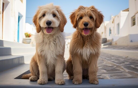 happy cute pet portrait, two cute dogs sitting on stair way in cute village, Generative Ai