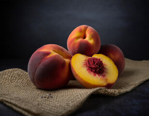 Fototapeta na wymiar Fresh peaches placed on eco fabric, dark background, restaurant, macro
