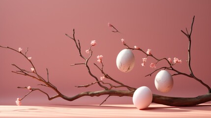 Easter eggs and a branch on a pink blossom