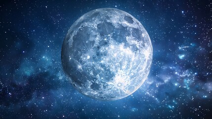 Blue Moon. Super Full moon august. Moon bright. Stars. The background full of stars in the galaxy.  - obrazy, fototapety, plakaty