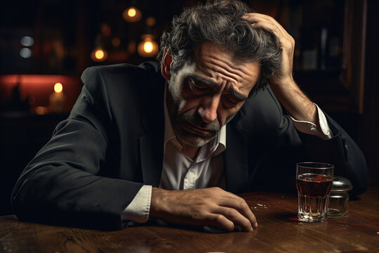 AI generated portrait of alcoholic man sitting alone at a bar concept of alco addiction and depression