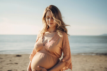 Portrait of gorgeous lovely happy pregnant girl walking seacoast sunny day outdoors generative AI