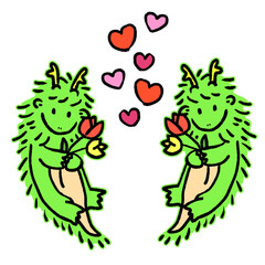 花を持つかわいい龍のイラスト