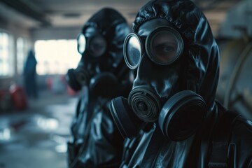 Officers In Gas Masks Evaluate Chemical Spill In Industrial Warehouse
