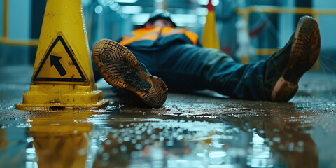 a worker in a construction helmet slipped and fell, the concept of non-compliance with safety rules in a factory - obrazy, fototapety, plakaty