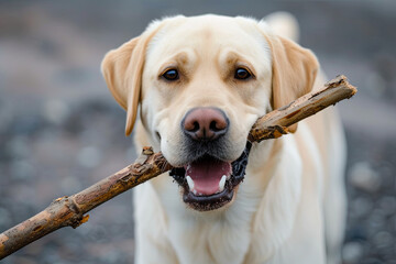 Beauty Labrador Retriever dog holding a stick in training
