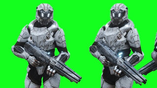 Military futuristic cyborg, robot. Realistic 4k green screen animation.