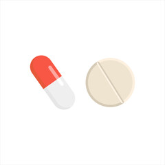 Medical pill flat design vector illustration. Capsule and tablet isolated on white background. chemical drug and health care concept