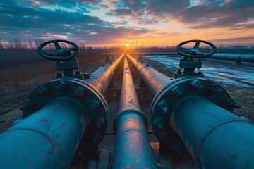 Sunset Illuminates Oil Pipeline Valves, Enabling Transport Of Oil Over Long Distances - obrazy, fototapety, plakaty