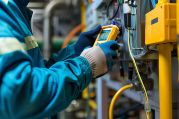 Maintaining Safety Measures At An Industrial Site: Technician Utilizes Gas Leak Detector For Inspection