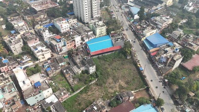 Drone shot of a city in the morning