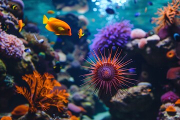 Fototapeta na wymiar Creating An Underwater Oasis: The Vibrant Marine Life Of Sea Urchins, Coral, And Fish