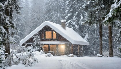 a snowstorm covered a house in the forest