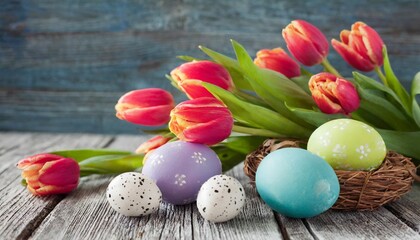 Obraz na płótnie Canvas easter eggs with tulips