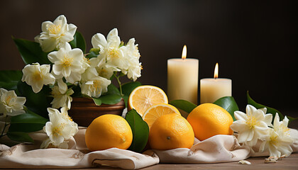Freshness of nature yellow lemon on wooden table, citrus candle generated by AI