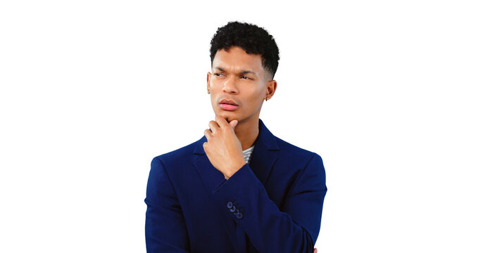 Confused, thinking and businessman isolated in background, transparent png and decision for brainstorming. Person, question and planning for idea, solution and professional suit as creative for job