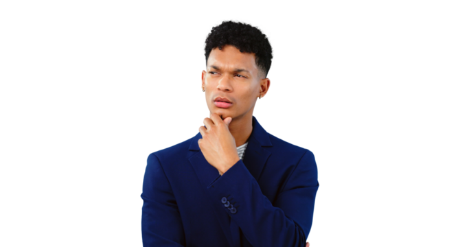 Confused, thinking and businessman isolated in background, transparent png and decision for brainstorming. Person, question and planning for idea, solution and professional suit as creative for job