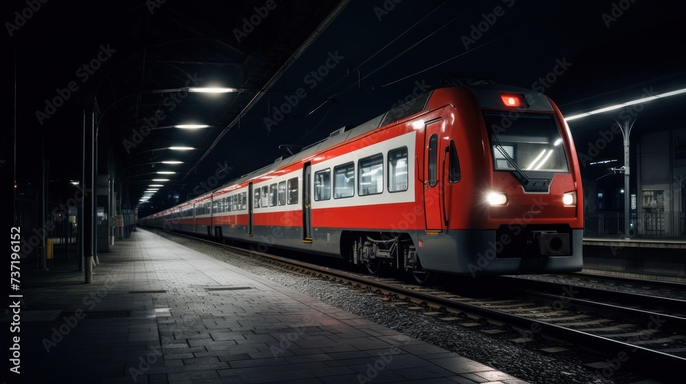 Poster a red and white train traveling down train tracks in a train station at night with lights on the sid